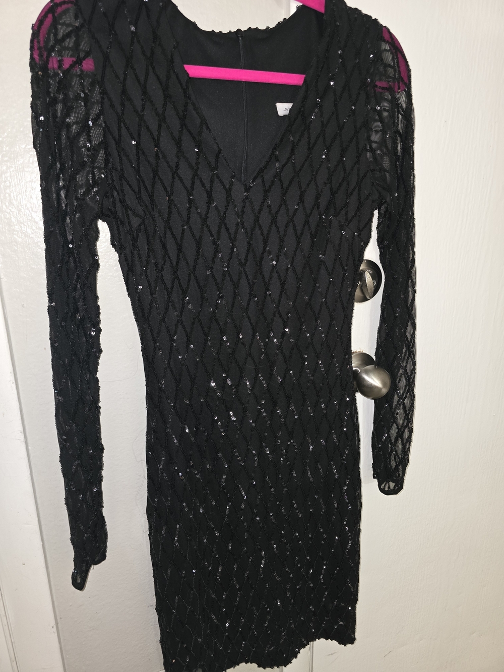 Black Sequin Mesh Long-Sleeve Dress